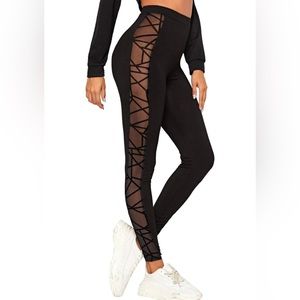 Women's Black Mesh-Panel Leggings with Crisscross Detail